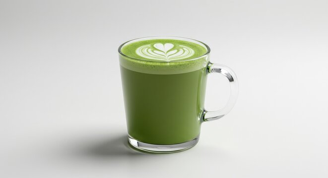 A glass mug of vibrant green matcha latte, with a heart-shaped latte art design on top