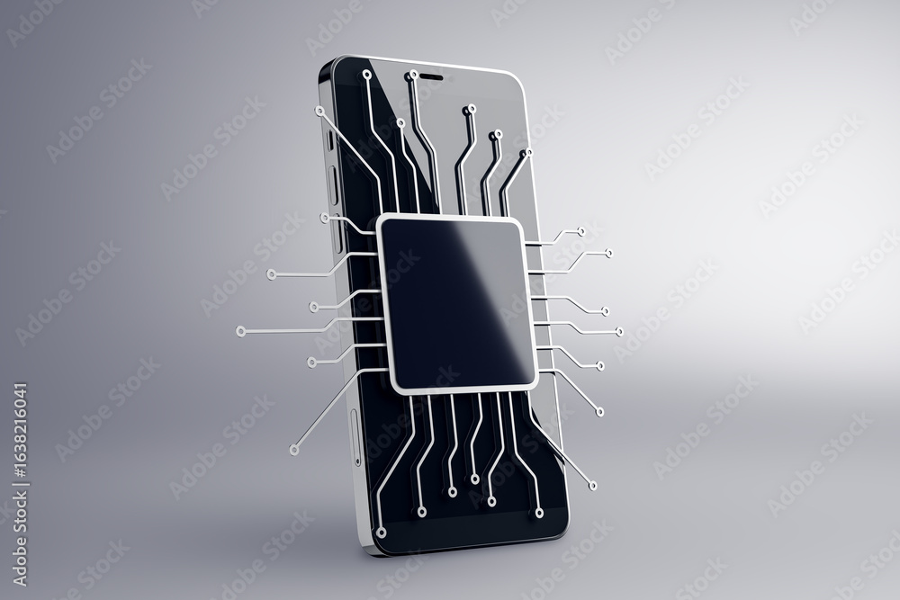 Poster black smartphone with integrated circuit chip and electronic lines on screen, symbolizing modern mob