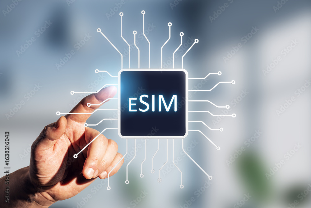Poster human finger interacting with glowing esim microchip symbol on digital circuit abstract background i