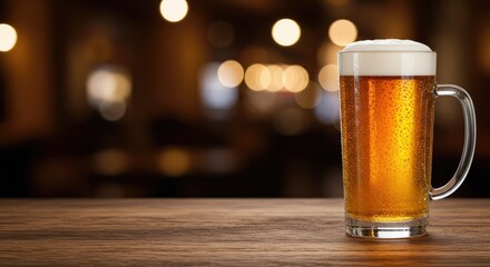 A glass mug of light-amber beer sits on a wooden table in a dimly lit bar.  Bokeh lights create a warm, inviting atmosphere
