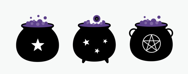 Set of witch's potion cauldron decorated with star patterns.
Halloween Witch cauldron flat vector illustration.