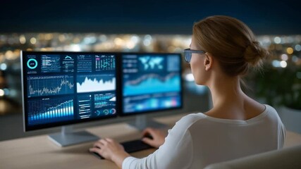 Young woman analyzing financial data on dual monitors, focusing on analytics, business intelligence, investment insights, accounting, and modern finance workflow - Powered by Adobe