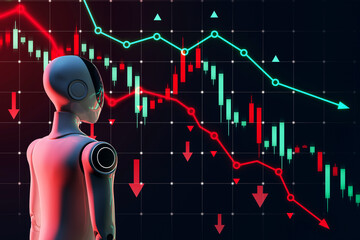 Futuristic robot analyzing declining financial stock market charts with red trend arrows and...