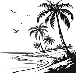Vector tropical beach with palm trees and an island silhouette against the summer sun