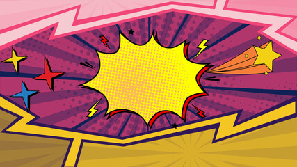 pink Comic Burst Halftone Superhero Background. Retro Pop-Art Superhero Explosion with Halftone Dots. Bright Yellow Radial Lines Superhero Comic Backdrop.  Comic Book Burst Vector Background. 