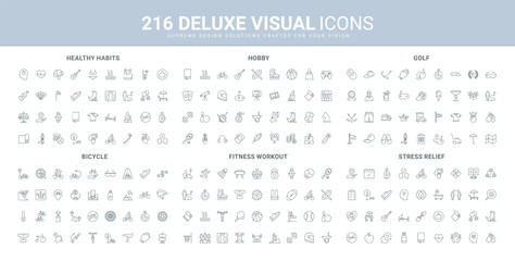 Sports training in gym and outdoors, playing golf, healthy lifestyle and mindset, hobby line icon set. Help, support and stress relief, bike equipment thin black outline symbols vector illustration