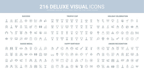 Success award of winner, stars and cup of prize reward, happy birthday celebration line icon set. Honor and recognition of professional growth, party thin black outline symbols vector illustration