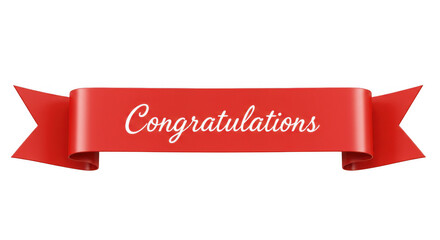 Red ribbon with congratulations text isolated on transparent background