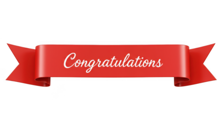 Red ribbon with congratulations text isolated on transparent background