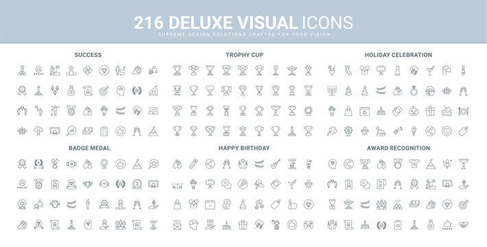 Success award of winner, stars and cup of prize reward, happy birthday celebration line icon set. Honor and recognition of professional growth, party thin black outline symbols vector illustration