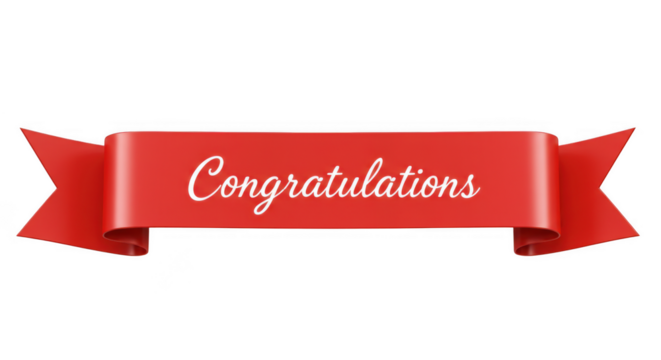 Red ribbon with congratulations text isolated on transparent background