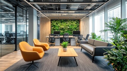 A modern office space with a green wall, wooden furniture, and potted plants.