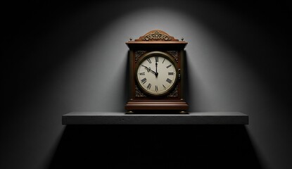Naklejka premium A vintage clock showing midnight, placed on a rustic shelf with autumn leaves, blurred candlelight background.