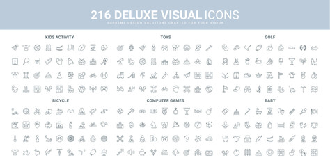 Kids activity and toys, sport and leisure, bike racing line icon set. Gamer awards, genres in computer games, golf tournament, equipment of baby care thin black outline symbols vector illustration