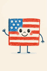 Cute crayon-style illustration of a smiling American flag character with arms and legs, perfect for patriotic designs, children’s art, and holiday celebrations like the 4th of July