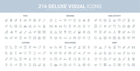Kids sport and hobby activity, toys and baby care items, wedding invitation, fashion clothes line icon set. Healthcare and marriage, apparel collection thin black outline symbols vector illustration