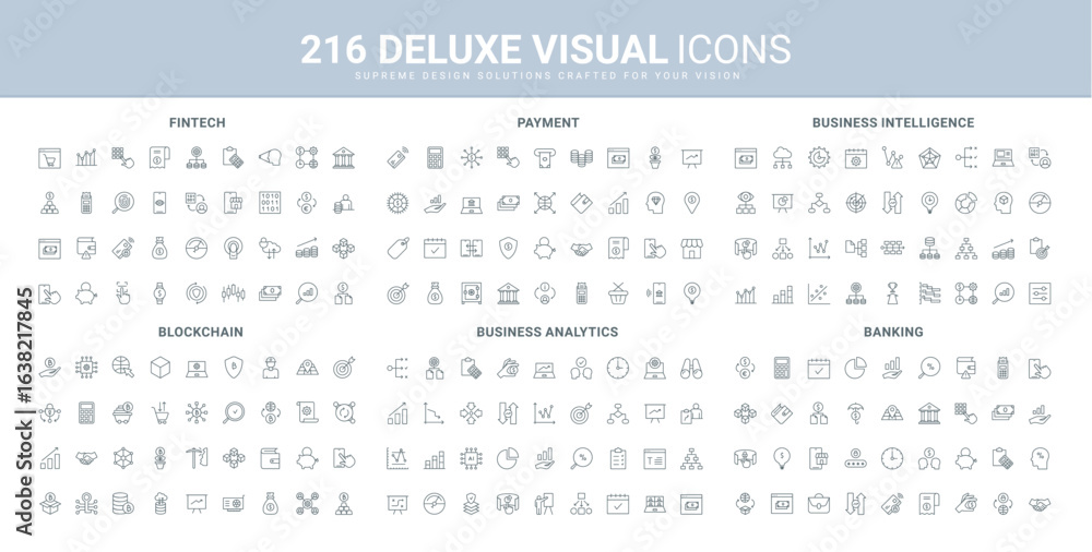 Poster business data analysis and report, fintech platform and digital banking security line icon set. mind