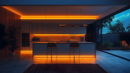 A contemporary kitchen boasts ambient lighting with orange LED strips accentuating the sleek modern design that merges seamlessly with the outdoor twilight scenery.