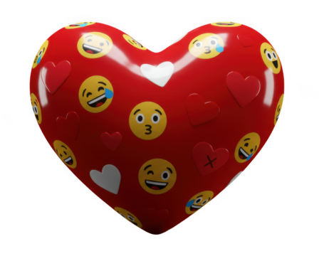 Red heart covered in various emoji faces isolated on transparent background