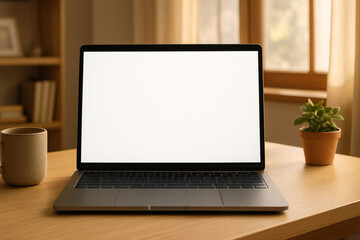 Fototapeta premium Laptop with blank white screen for mockup on a wooden desk in a cozy, sunlit home office setting.