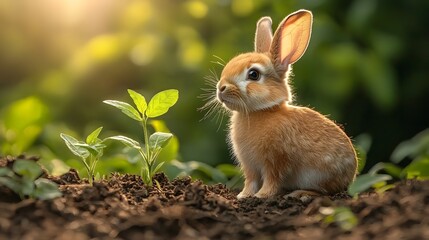 Fototapeta premium Rabbit planting saplings for ecological resto n