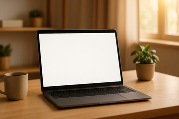 Fototapeta premium Laptop with blank white screen for mockup on a wooden desk in a cozy, sunlit home office setting.