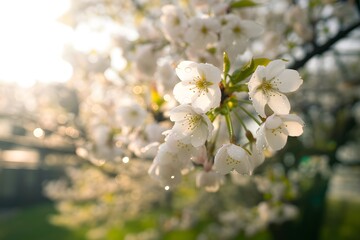 Obraz premium Stunning cherry blossoms in full bloom with morning dew drops and soft sunlight glow