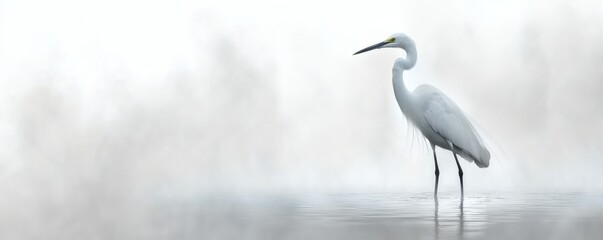 Naklejka premium A solitary white egret standing in shallow water gracefully