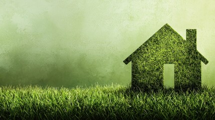 A green house made of grass stands on a grassy field with a green background.