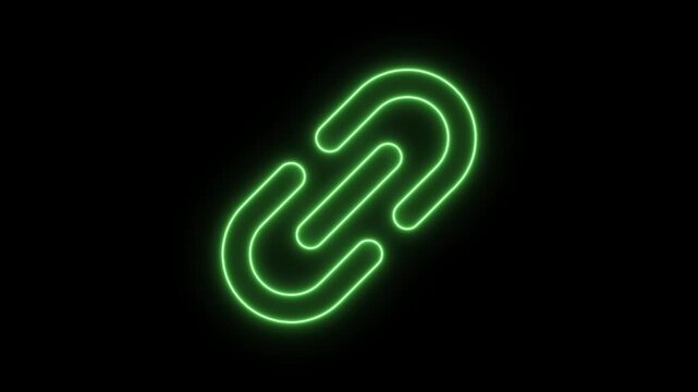 Glowing neon link icon animated on black screen background network connection