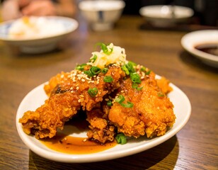 Crispy fried chicken pieces on a plate, topped with sauce and green onions