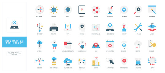 Information technology, cloud data system and computer network, server color icon set. Process administration and support, application and software settings, smart solutions flat vector illustration