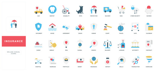 Fototapeta premium Insurance and protection of health and life, home, finance savings and travel color icon set. Contract and insurance policy protect against risks of accidents and disability flat vector illustration