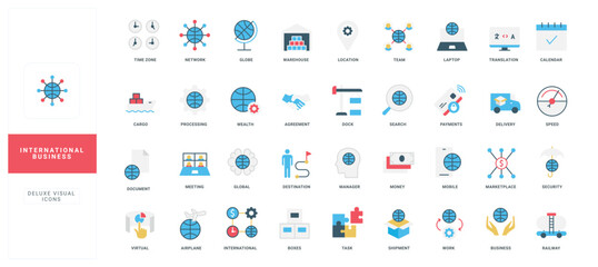 Modern flat icons representing global business concepts like network, shipping, finance, teamwork, and logistics for presentations, websites, or infographics vector illustration