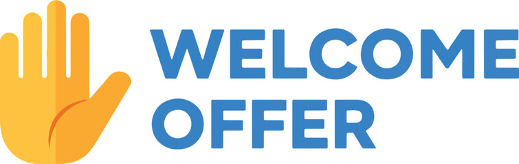 Obraz premium A promotional graphic with a yellow hand icon and the blue text 'Welcome Offer' isolated on a white background.