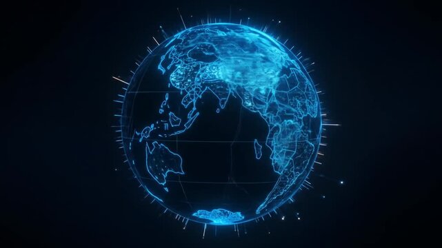 Futuristic digital globe of the Earth with glowing data points and network connections on a dark background. 4k video