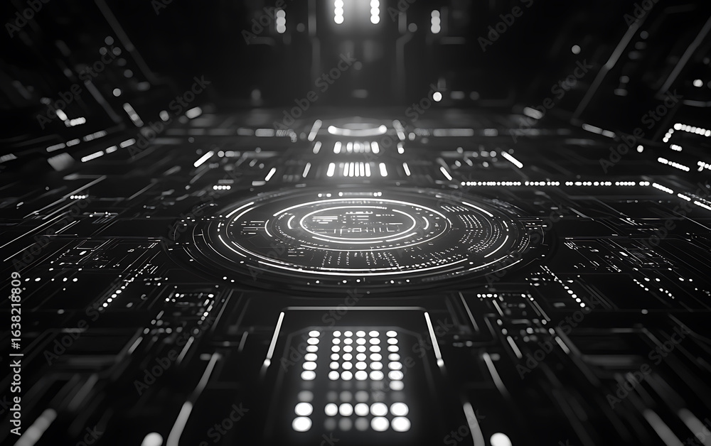 Poster futuristic digital interface background featuring intricate circuit patterns and glowing elements, c