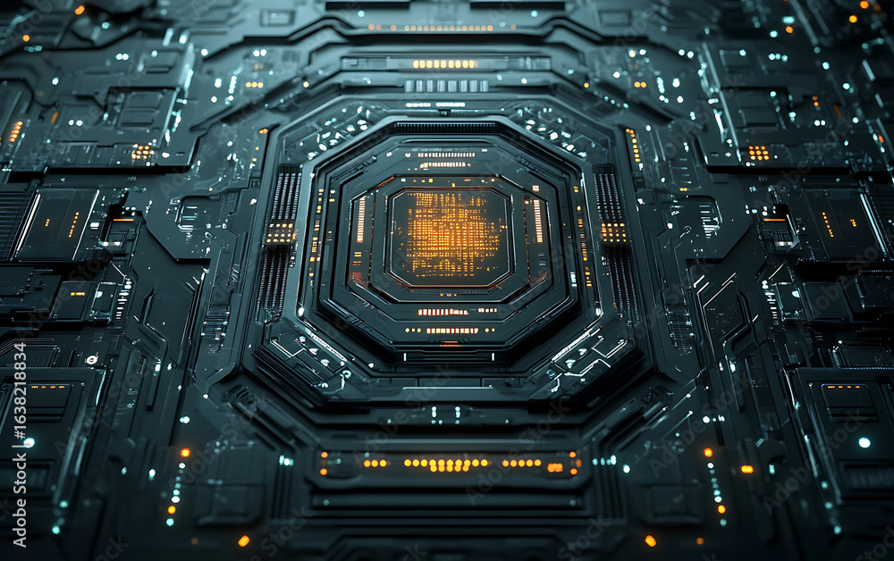 Poster futuristic digital interface with intricate circuitry and glowing elements, showcasing high tech des