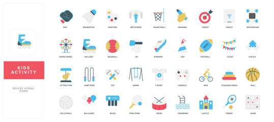 Fototapeta premium Colorful flat icons collection showing various kids activities including sports, games, art, and learning perfect for education, websites, or playful design projects vector illustration