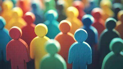 Obraz premium A diverse group of colorful wooden figures, representing a mix of different colors and shapes, standing in a crowd.