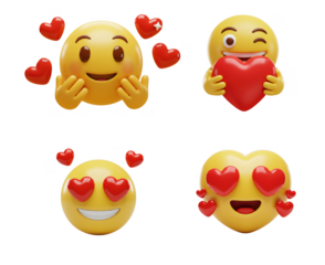 Four 3d emoticons expressing love and affection isolated on transparent background