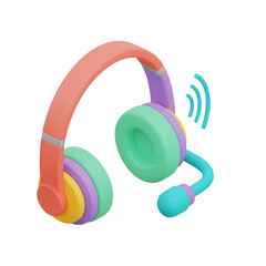 A vibrant, colorful 3D headset with an integrated microphone, symbolizing audio communication, online support, and digital entertainment.