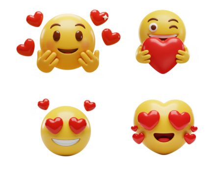 Four 3d emoticons expressing love and affection isolated on transparent background - Powered by Adobe