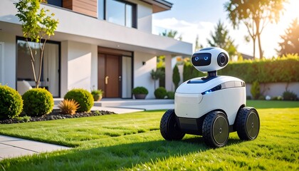 Smart robot in front of modern house