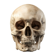 Obraz premium A highly detailed, realistic human skull shown from the front. Its aged texture and cracks make it perfect for anatomical, historical, or gothic horror themes.
