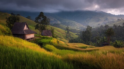 A peaceful scene of windmills on a lush mountain during sunrise with dramatic cloud movement