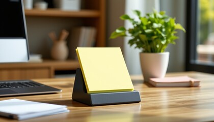 modern sticky pad holder mockup on table, daylight