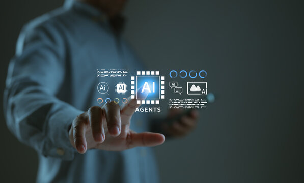 Businessman's hand touching virtual interface with AI agents technology. Futuristic concept represents business automation, digital transformation, innovation using artificial intelligence system