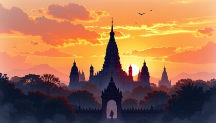 traditional hindu temple silhouette at sunset, watercolor, no people