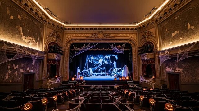 Ornate vintage theater decorated for a Halloween celebration. Empty seats covered in cobwebs with glowing pumpkins in a spooky auditorium.